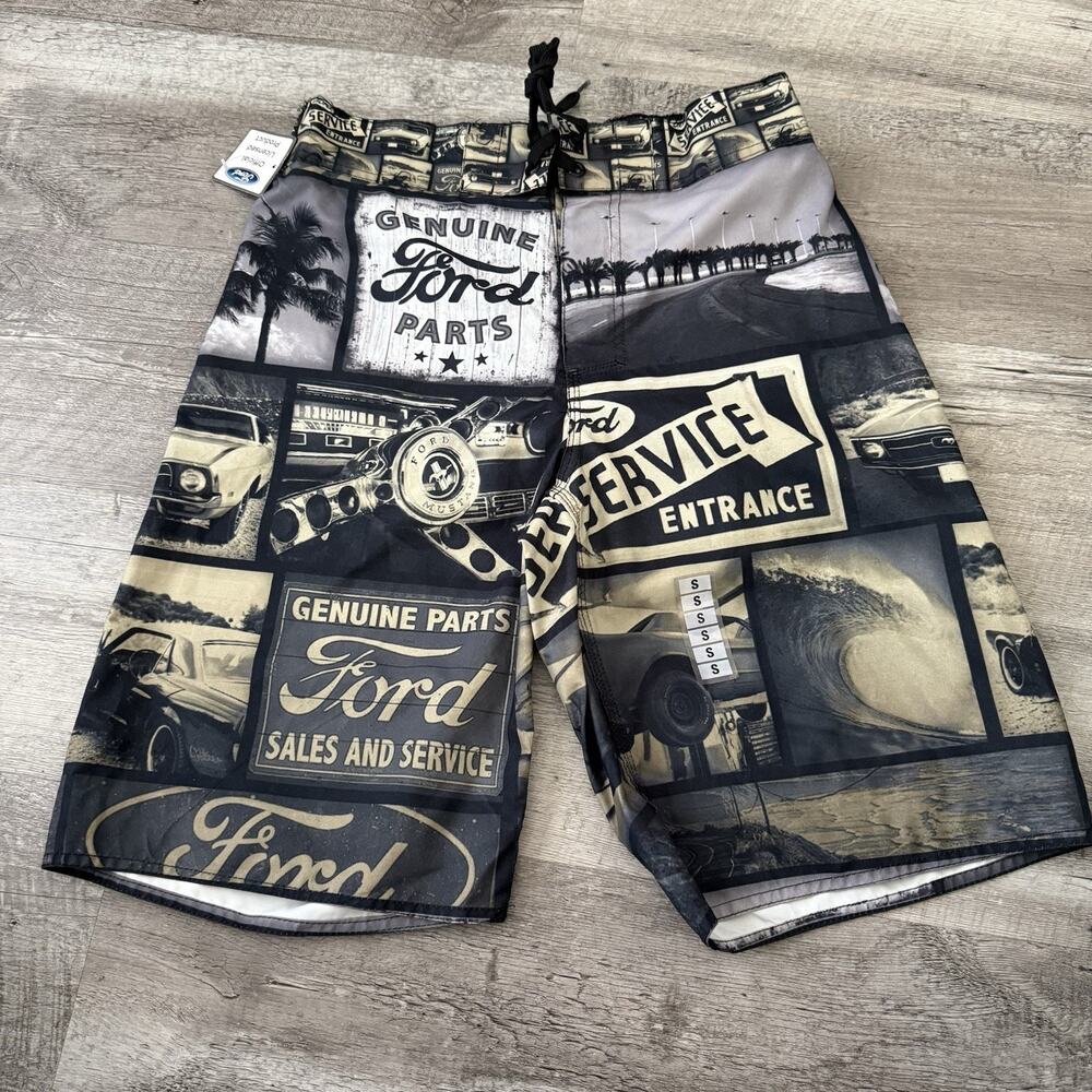 Ford Board Shorts Mens Small Gray Retro Graphic Swim Trunks Polyester NEW